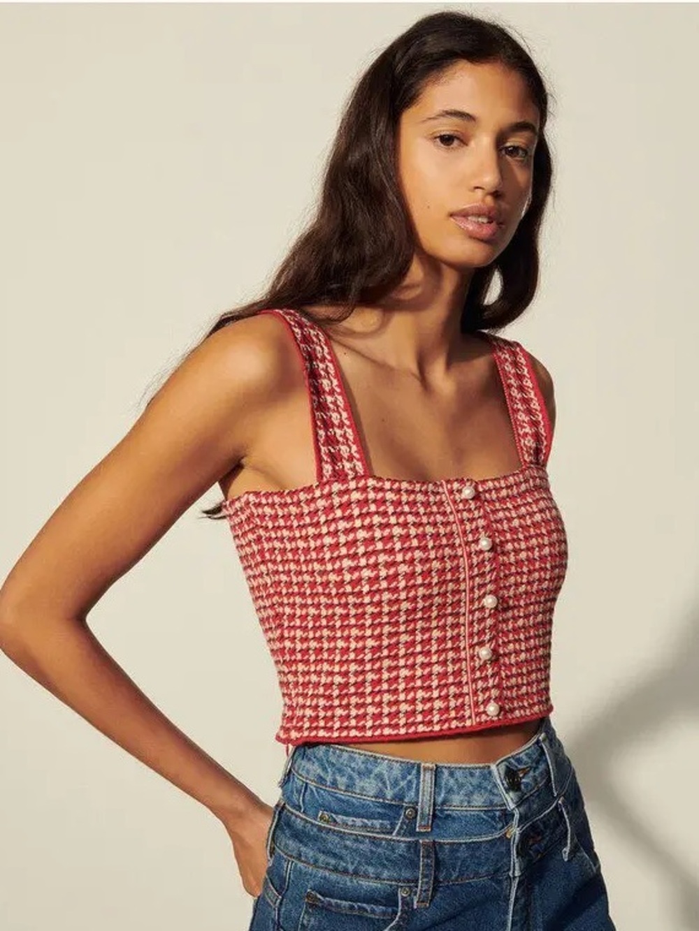 Sandro Daniella Red and White Tweed Pearl-Button Crop Top
